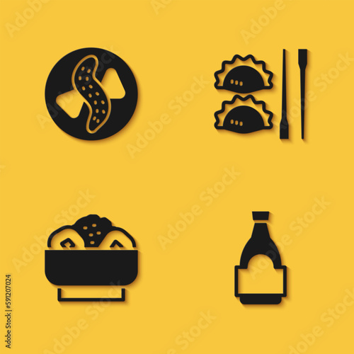 Set Served cucumber on a plate, Soy sauce bottle, Chow mein and Dumpling with chopsticks icon with long shadow. Vector