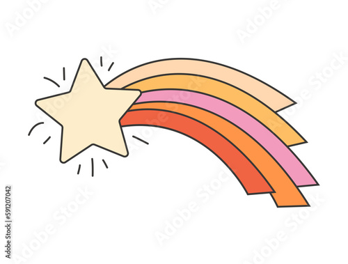 Retro groovy hippie 70s sticker. Colorful shooting star sticker in trendy retro psychedelic cartoon style.