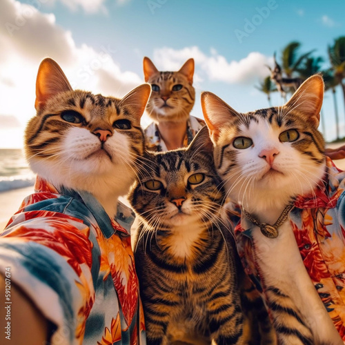 Cats friends taking a selfie during beach trip, Generative AI