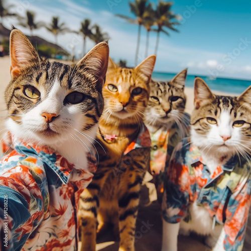 Cats friends taking a selfie during beach trip  Generative AI