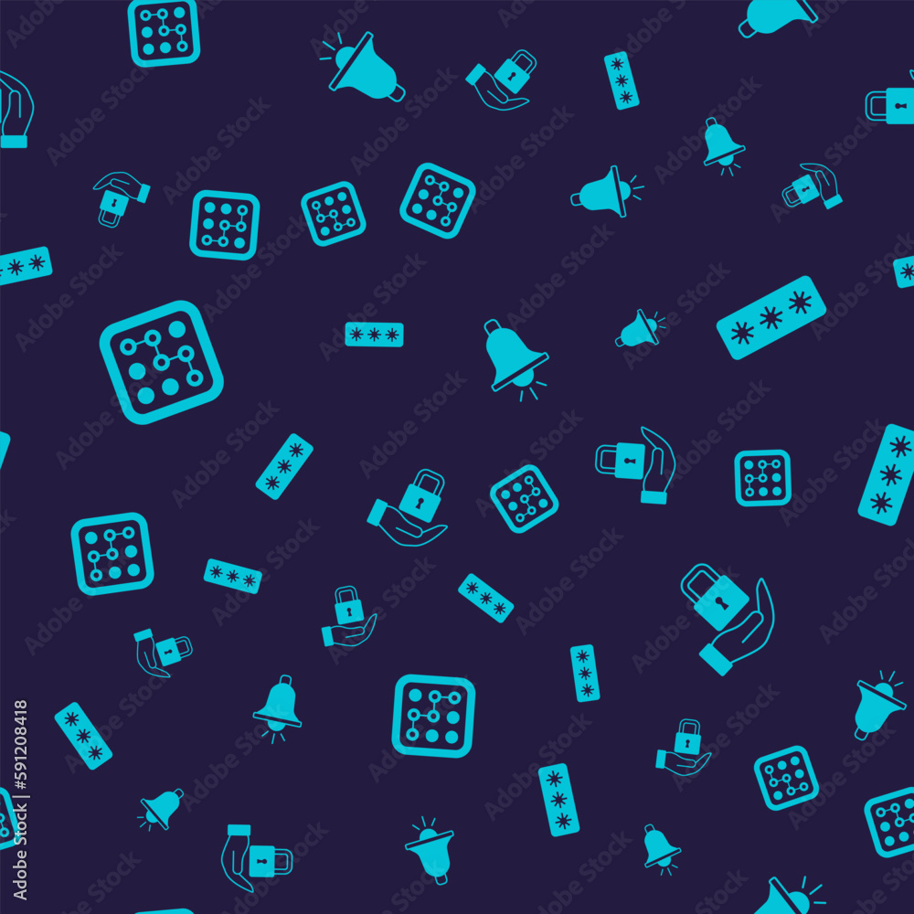 Set Graphic password protection, Password, Ringing alarm bell and Lock on seamless pattern. Vector