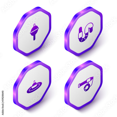 Set Isometric Fishing float, Worm, water and rod icon. Purple hexagon button. Vector