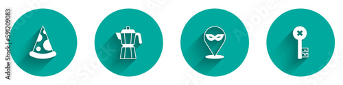 Set Slice of pizza, Coffee maker moca pot, Carnival mask and Old key icon with long shadow. Vector