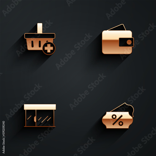 Set Add to Shopping basket, Wallet, Market store and Discount percent tag icon with long shadow. Vector