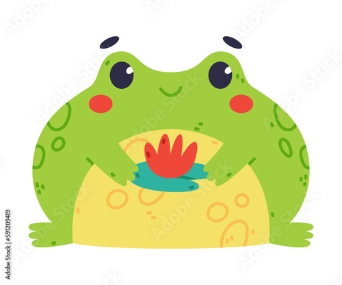 Cute Fat Green Frog or Toad Character Sitting with Lotus Flower on Pad Vector Illustration