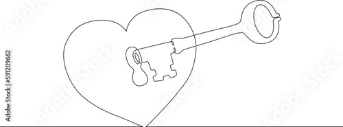 One continuous line.Heart. Key to the heart. The key opens the heart. Ancient key. One continuous line drawn isolated, white background.