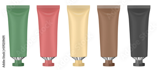 Set of multicolored tubes. 3d mockup. Green, red, beige, brown and black colors. Hand cream	