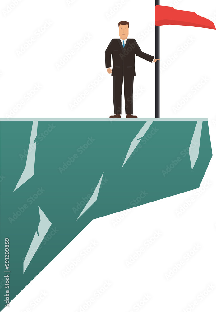 Businessman with suit at the top of the mountain peak with a red flag. Concept of success and achievement. Flat Illustration. Businessman with suit at the top of the mountain peak with a red flag. Concept of success and achievement. Flat Illustration.