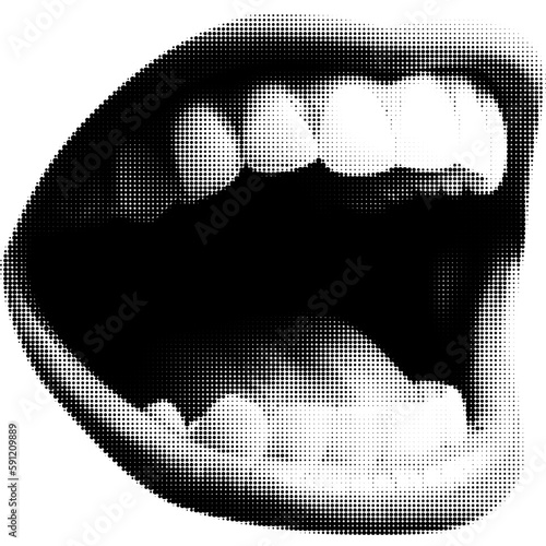 Opened woman lips as retro halftone collage elements for mixed media design. Mouth in scream in halftone texture, dotted pop art style. Vector illustration of vintage grunge punk crazy art templates.