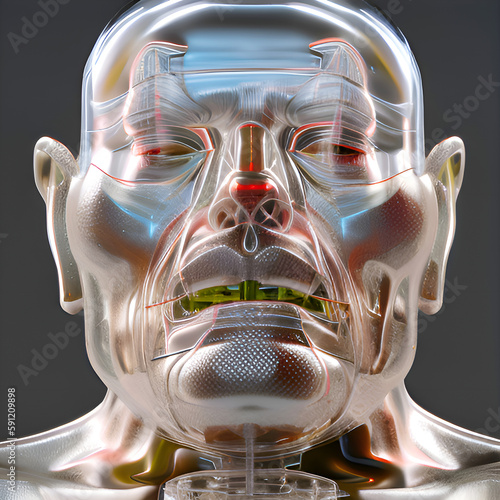 frontale Nahaufnahme von großem Roboterkopf  in Plastikhülle, neutraler Hintergrund photo