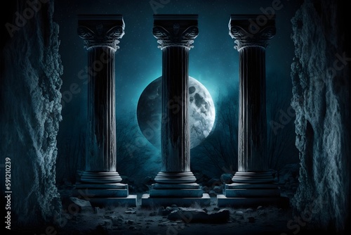 Fotografiet three single ancient crumbling greek pillars standing in the night moonlight moo