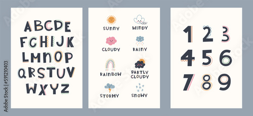 Cute hand drawn posters with rainbow, weather, education elements in boho style. Cartoon doodle print with Numbers and Alphabet for nursery. Design for card, label, book cover, poster, flyer, banner