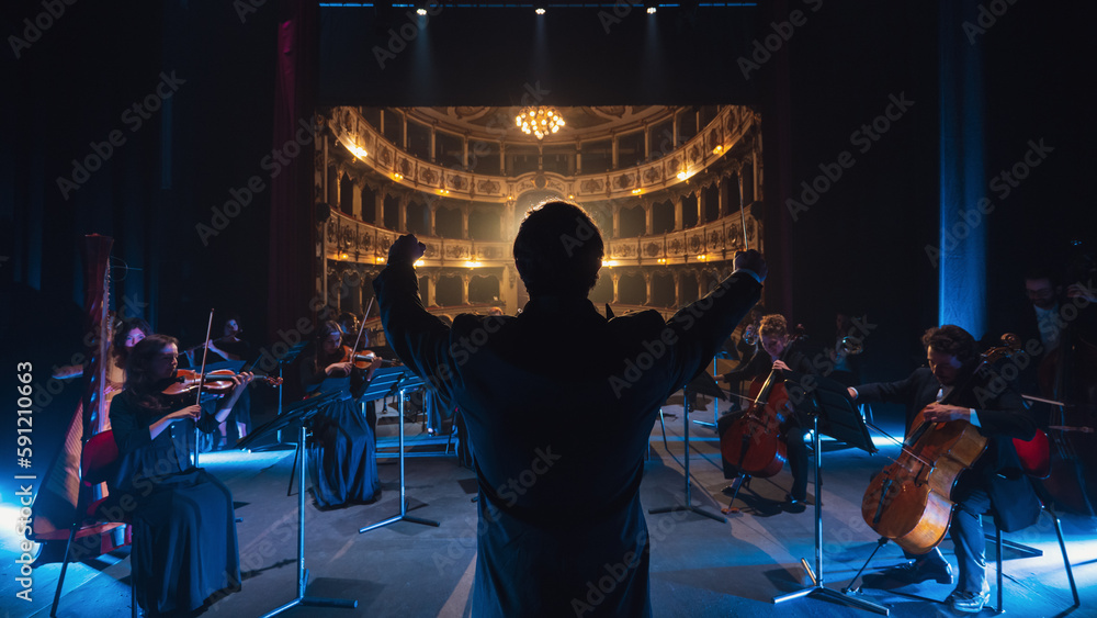 Back View Cinematic shot of Conductor Directing Symphony Orchestra with Performers Playing Violins, Cello and Trumpet on Classic Theatre with Curtain Stage During Music Concert - obrazy, fototapety, plakaty 