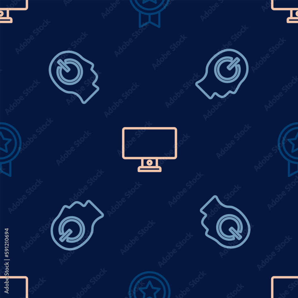 Set line Game rating with medal, Power button and Computer monitor on seamless pattern. Vector Set line Game rating with medal, Power button and Computer monitor on seamless pattern. Vector