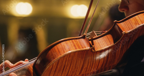 Obraz na płótnie Cinematic Closeup on a Violin Beig Played by a Musician on a Stage