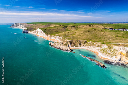 High wide angle aerial shot of Dorset Jurassic coastline with cliffs and beaches