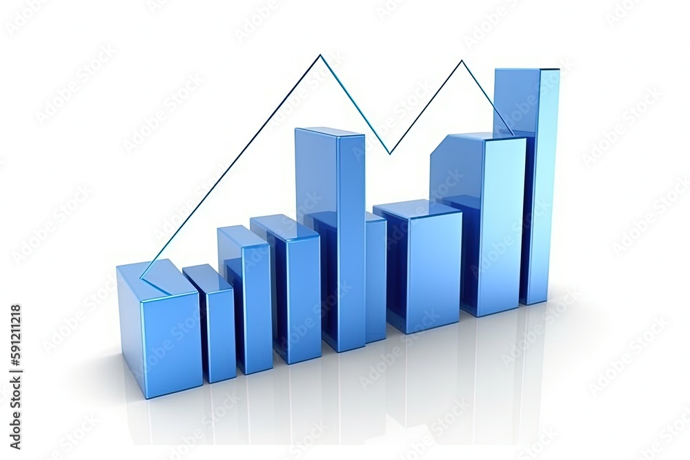 Blue bar graph illustration, finance concept, white background. Generative AI