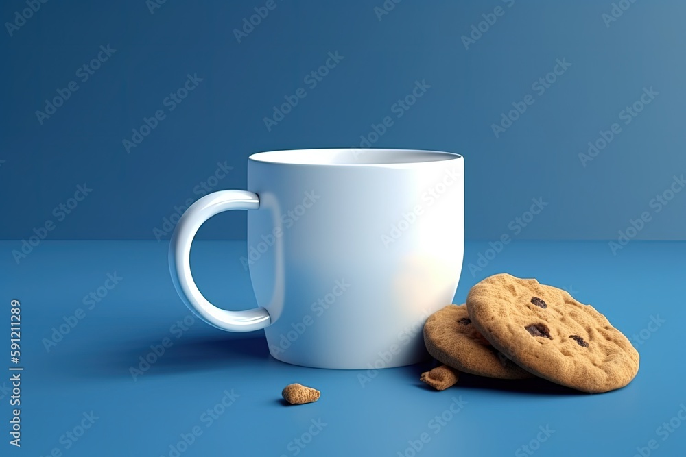 Coffee mug and cookie illustration, blue background. Generative AI