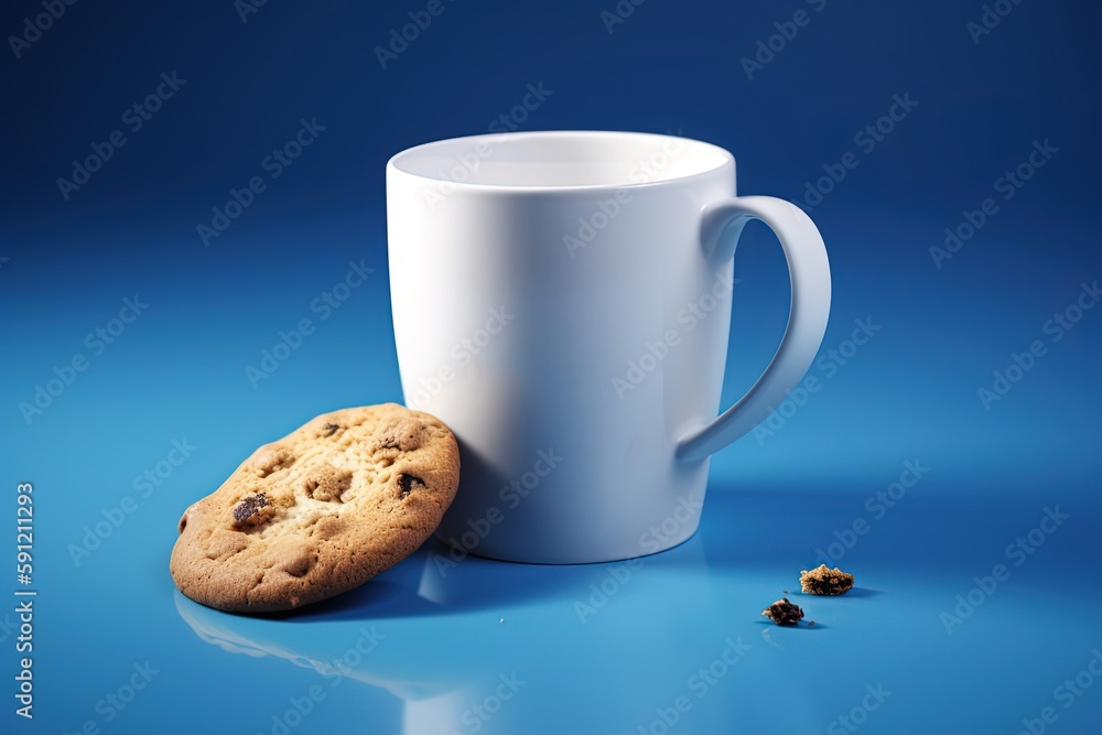 Coffee mug and cookie illustration, blue background. Generative AI Coffee mug and cookie illustration, blue background. Generative AI