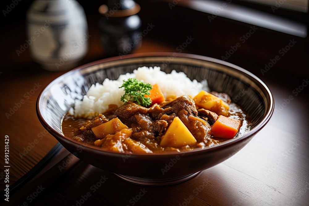 Japanese ordinary curry rice (Potatoes, carrots, onions and beef in spicy yellow curry served with steamed rice.). Generative Ai