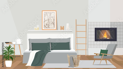 Poster and plants on a shelf above bed in green and grey bedroom interior with armchair