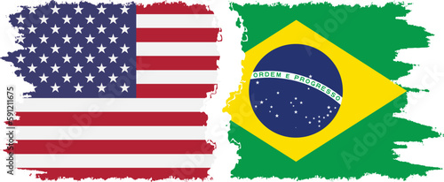 Brazil and USA grunge flags connection vector