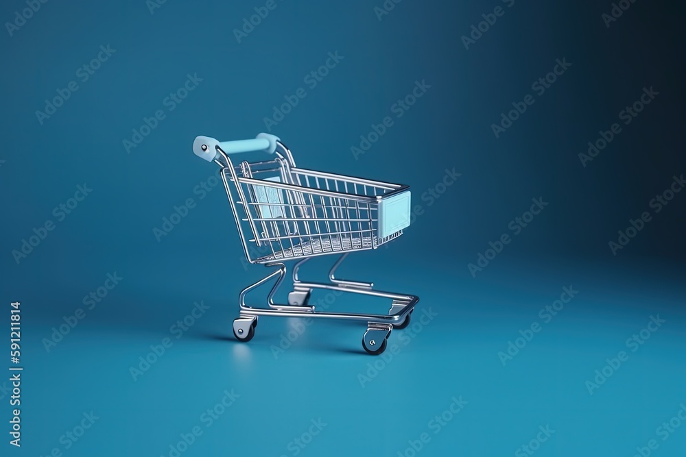 Shopping cart illustration, online stores concept, blue background. Generative AI