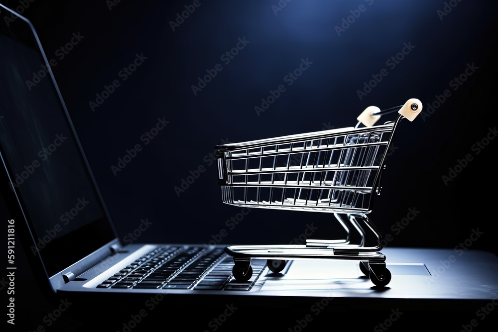 Illustration of shopping cart and laptop, online stores concept, blue background. Generative AI