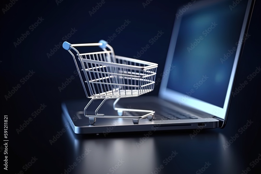 Illustration of shopping cart and laptop, online stores concept, blue background. Generative AI