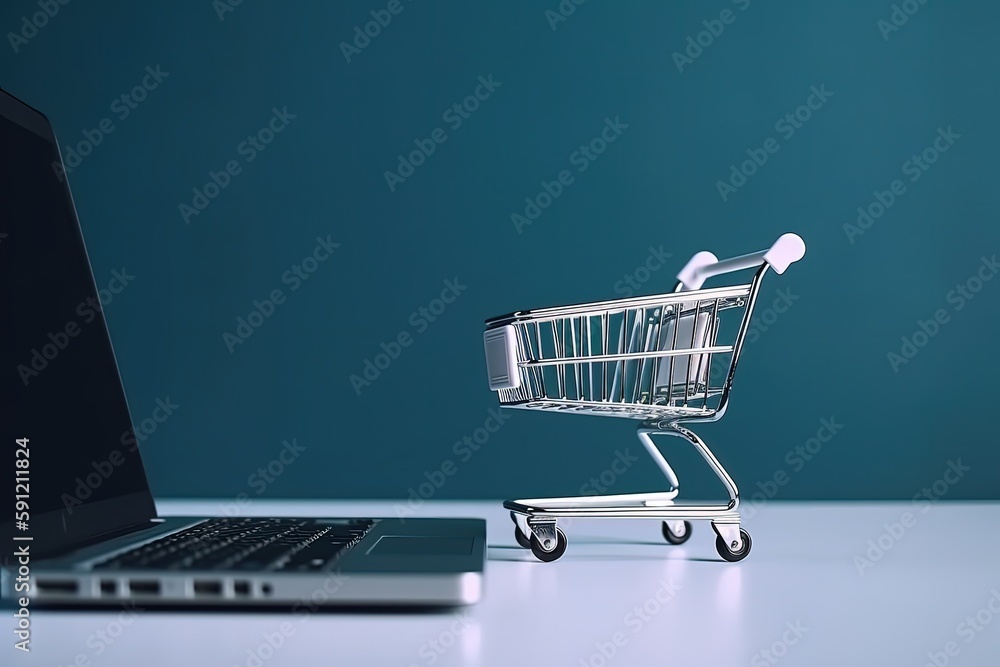 Illustration of shopping cart and laptop, online stores concept, blue background. Generative AI