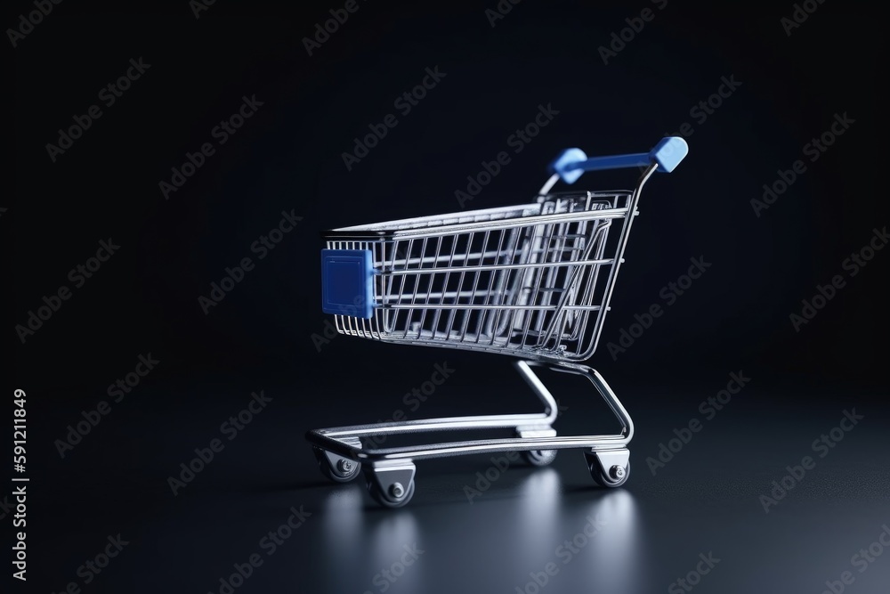 Shopping cart illustration, online stores concept, blue background. Generative AI