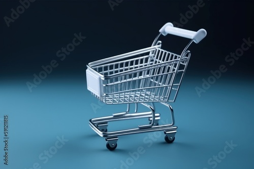 Shopping cart illustration, online stores concept, blue background. Generative AI