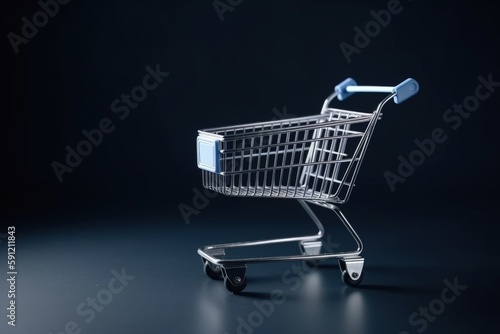 Shopping cart illustration, online stores concept, blue background. Generative AI