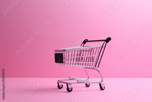 Shopping cart illustration, online stores concept, pink background. Generative AI