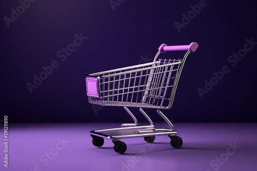 Shopping cart illustration, online stores concept, purple background. Generative AI