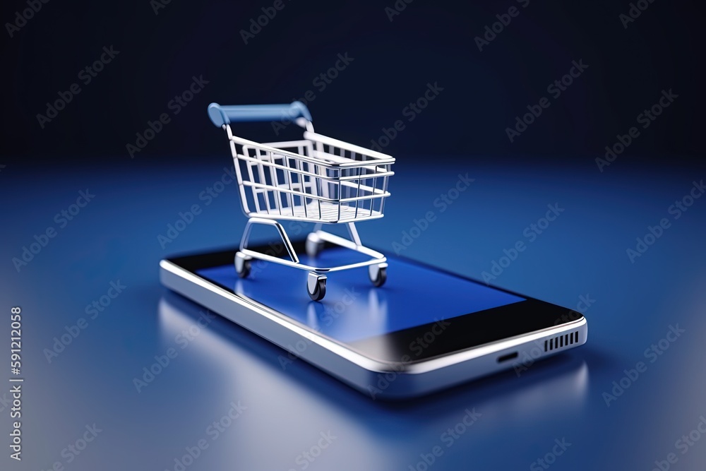 Mobile phone and shopping cart illustration, online stores concept, blue background. Generative AI