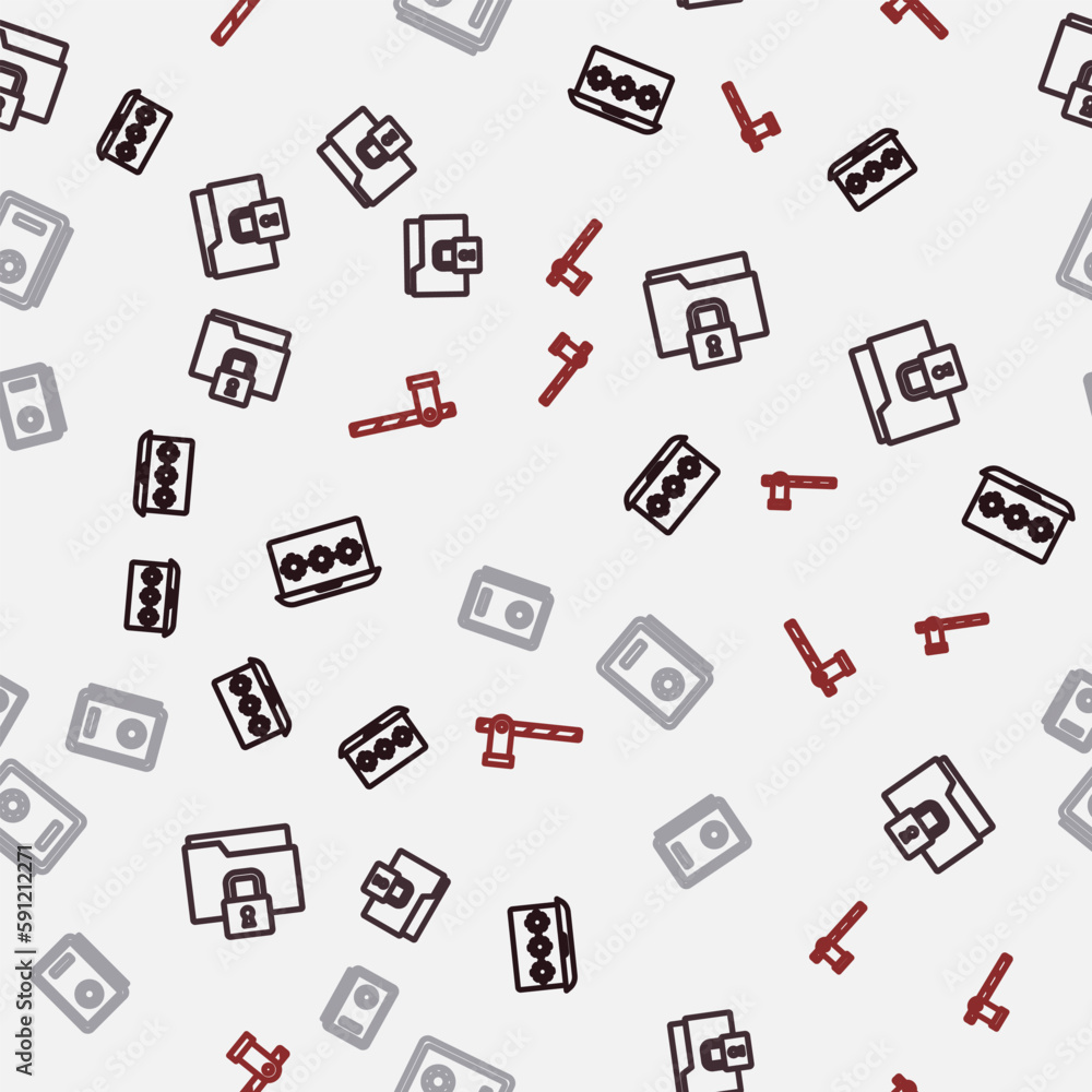 Obraz premium Set line Laptop with password, Folder and lock, Safe and Parking car barrier on seamless pattern. Vector