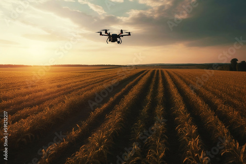 Drone fly over smart farming technology in a corn field