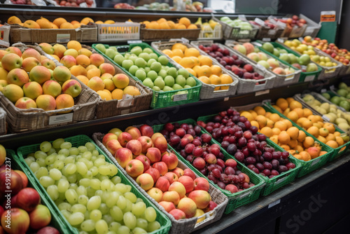 fresh fruits on the shelves in the supermarket. ai generative © Oleksandr