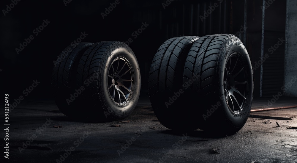 New car tires. Group of road wheels on dark background. Summer Tires with asymmetric tread design. Driving car concept. Generative Ai. New car tires. Group of road wheels on dark background. Summer Tires with asymmetric tread design. Driving car concept. Generative Ai.