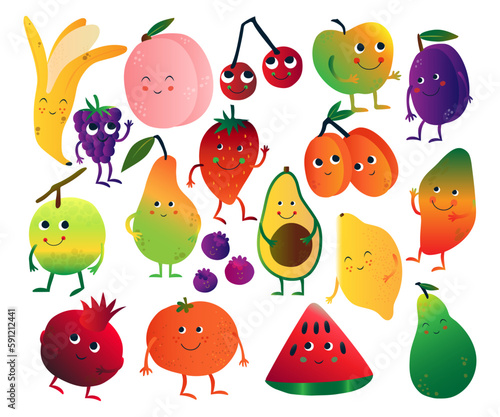 Cute Humanized Fruit with Smiling Face Big Vector Set