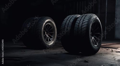 New car tires. Group of road wheels on dark background. Summer Tires with asymmetric tread design. Driving car concept. Generative Ai. © Kowit