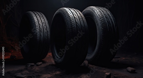 New car tires. Group of road wheels on dark background. Summer Tires with asymmetric tread design. Driving car concept. Generative Ai.