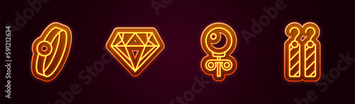 Set line Diamond engagement ring, Stud earrings and Earrings. Glowing neon icon. Vector