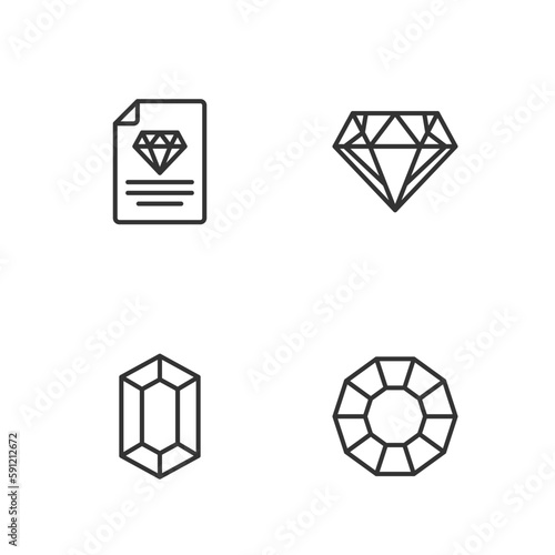 Set line Diamond, Gem stone, Certificate of the diamond and icon. Vector