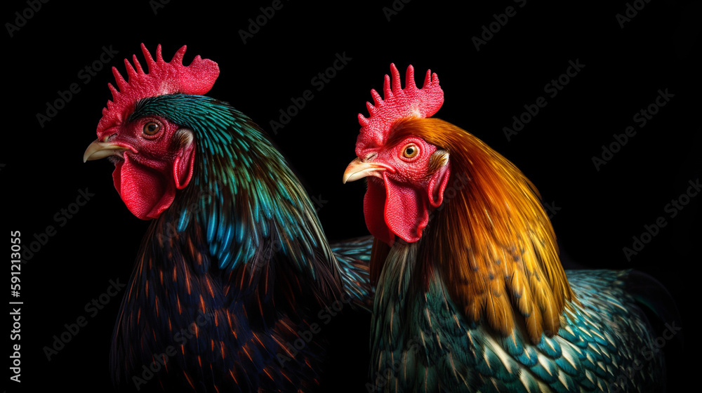 Isolated Colorful Two Roosters On Black Background, Generative Ai