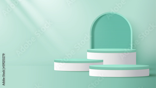 Podium platform to show product with green circle background. Green minimal scene for product display presentation