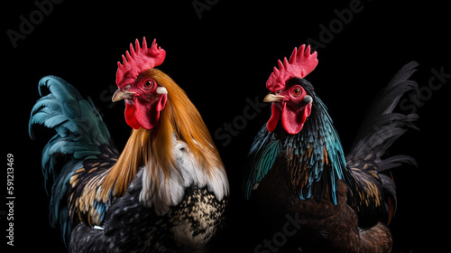 Isolated Colorful Two Roosters On Black Background, Generative Ai © Jaunali