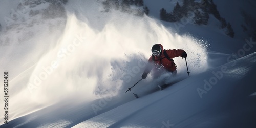dynamic image of person skiing down snowy mountain with dramatic lighting and energetic motion creating thrilling and exhilarating scene, created with Generative AI technology