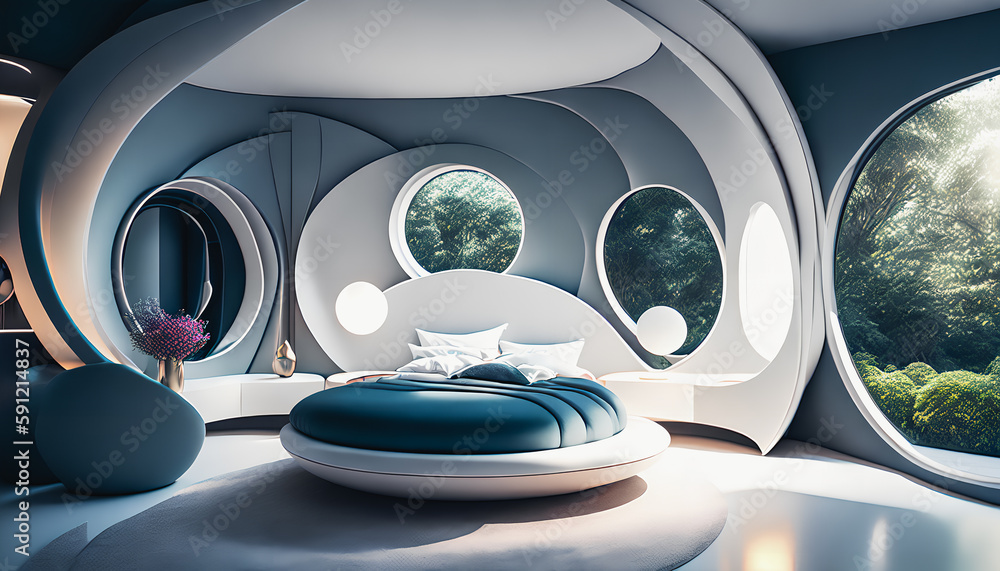 Incredibly beautiful modern bedroom with large glass windows, new technology, and a hint of the future. Generative AI. Incredibly beautiful modern bedroom with large glass windows, new technology, and a hint of the future. Generative AI.